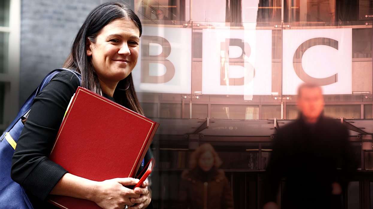 Secretary of State for Culture, Media and Sport Labour MP Lisa Nandy with a stock image of the front of the BBC building in London on the right