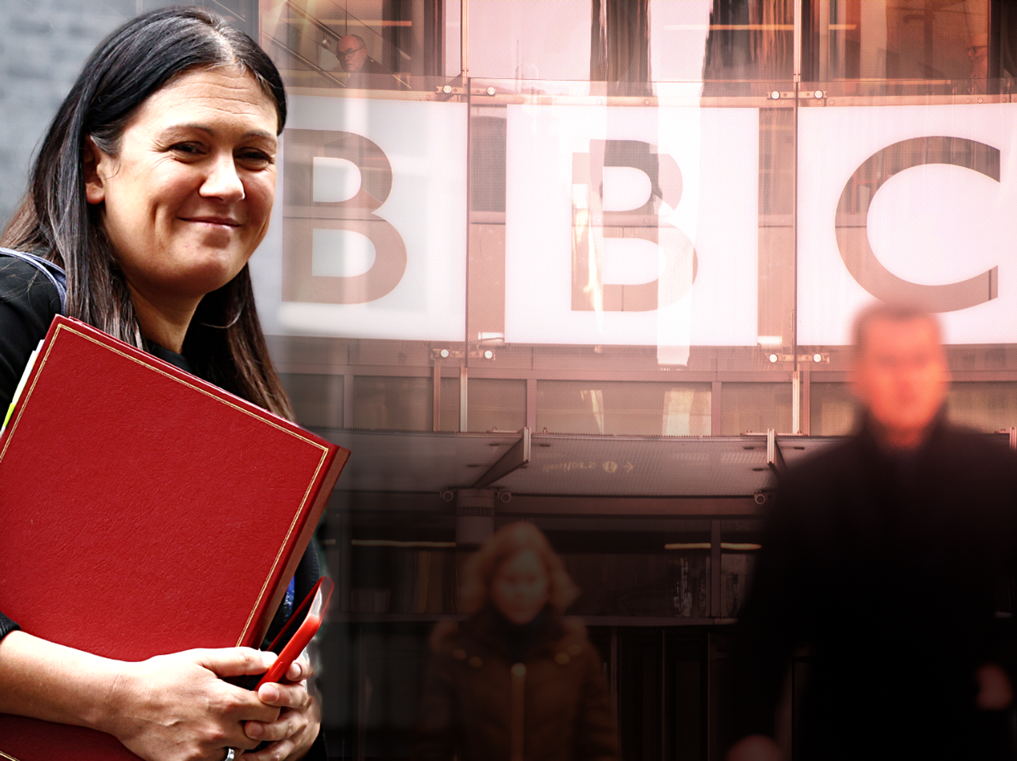 Secretary of State for Culture, Media and Sport Labour MP Lisa Nandy with a stock image of the front of the BBC building in London on the right
