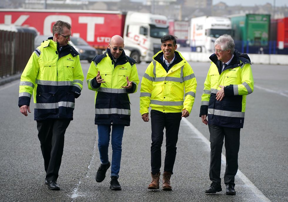 Secretary of State for Wales David TC Davies, Stena Line Chief Operating Officer Fleet and Government Affairs Ian Hampton, Prime Minister Rishi Sunak and First Minister of Wales Mark Drakeford