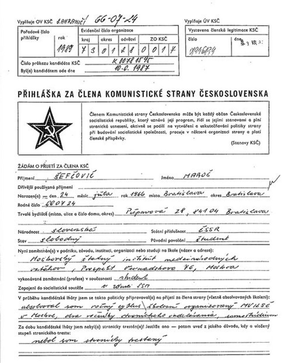 Sefcovic application form