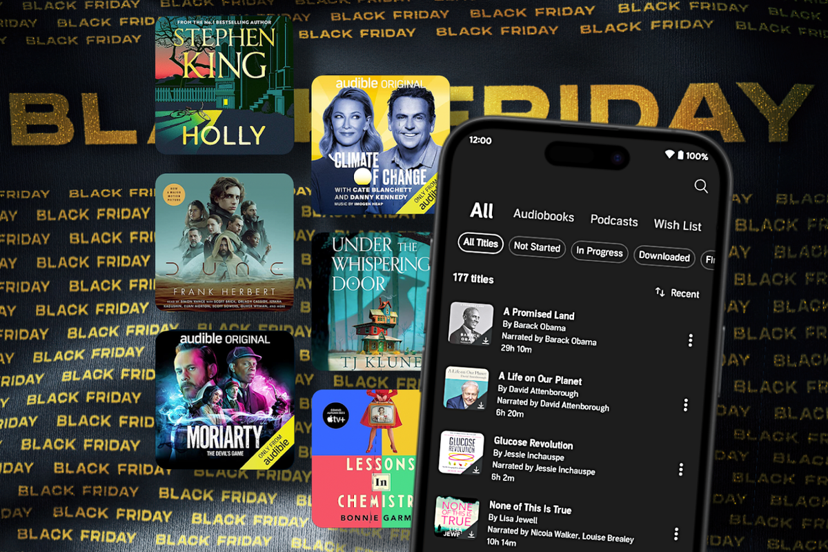 selection of audible titles stacked on a black friday sale banner with an iphone running the audible app in the foreground