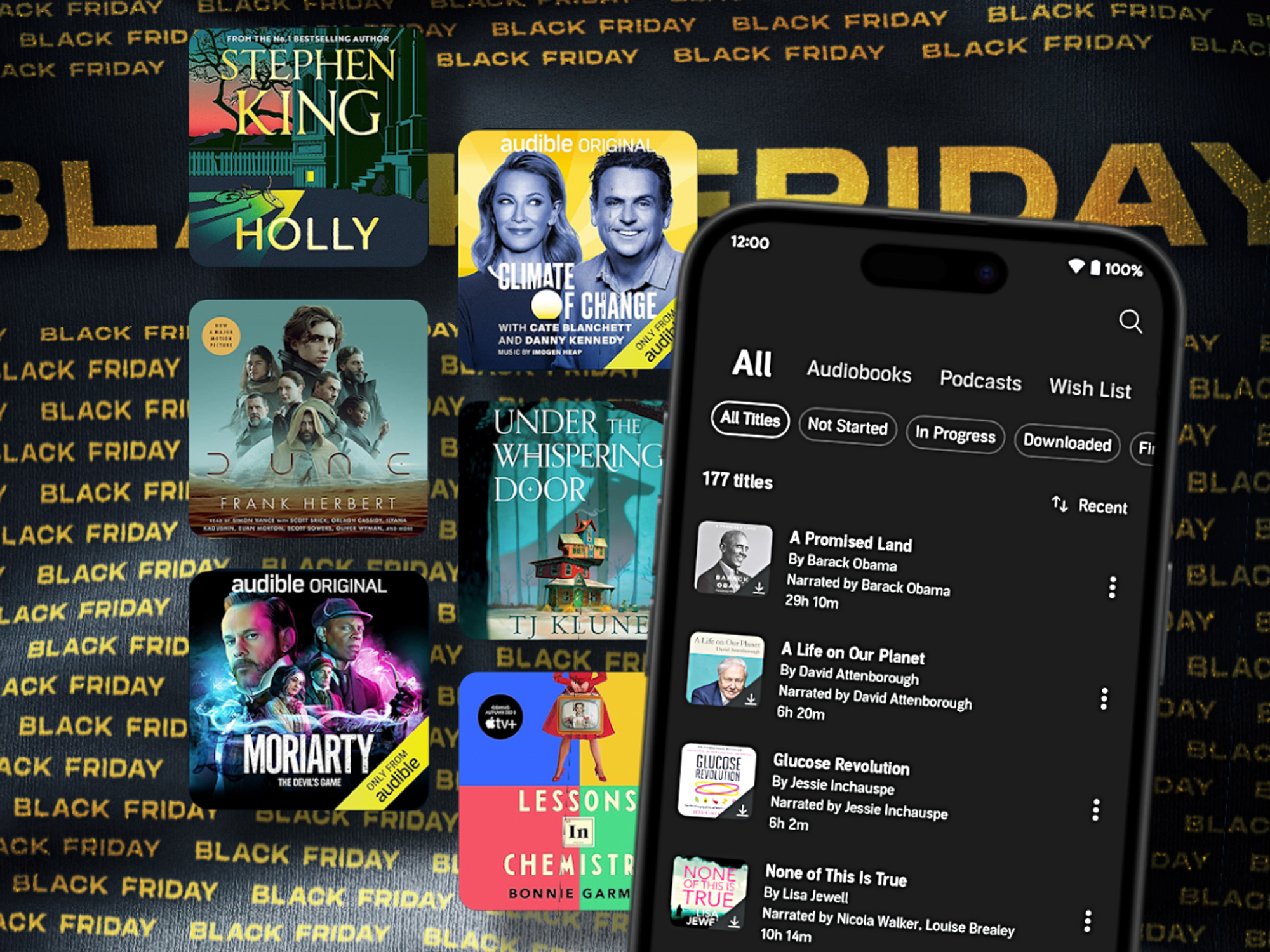 selection of audible titles stacked on a black friday sale banner with an iphone running the audible app in the foreground