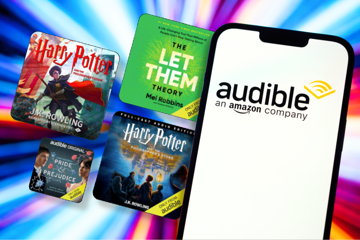 selection of audible titles stacked on a black friday sale banner with an iphone running the audible app in the foreground