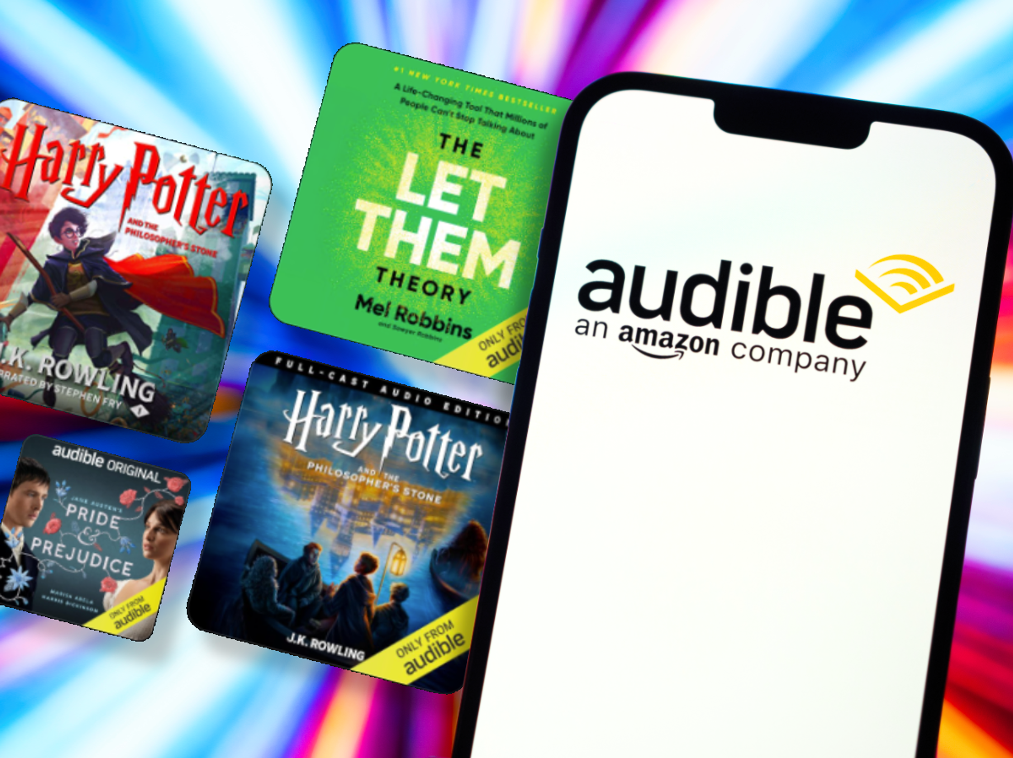 selection of audible titles stacked on a black friday sale banner with an iphone running the audible app in the foreground