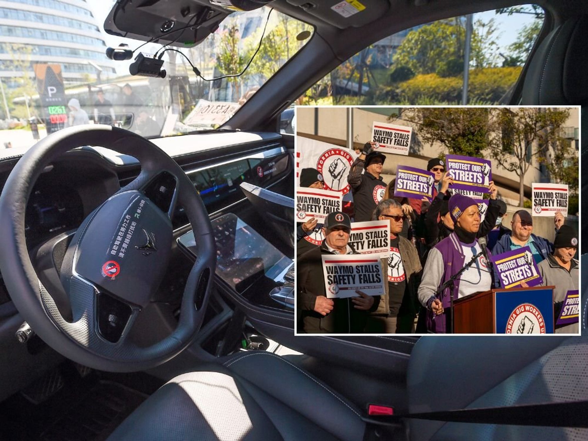 Self-driving car and Members of the California Gig Workers Union prot