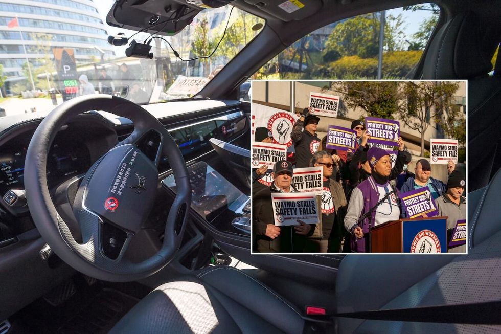 Self-driving car and Members of the California Gig Workers Union prot