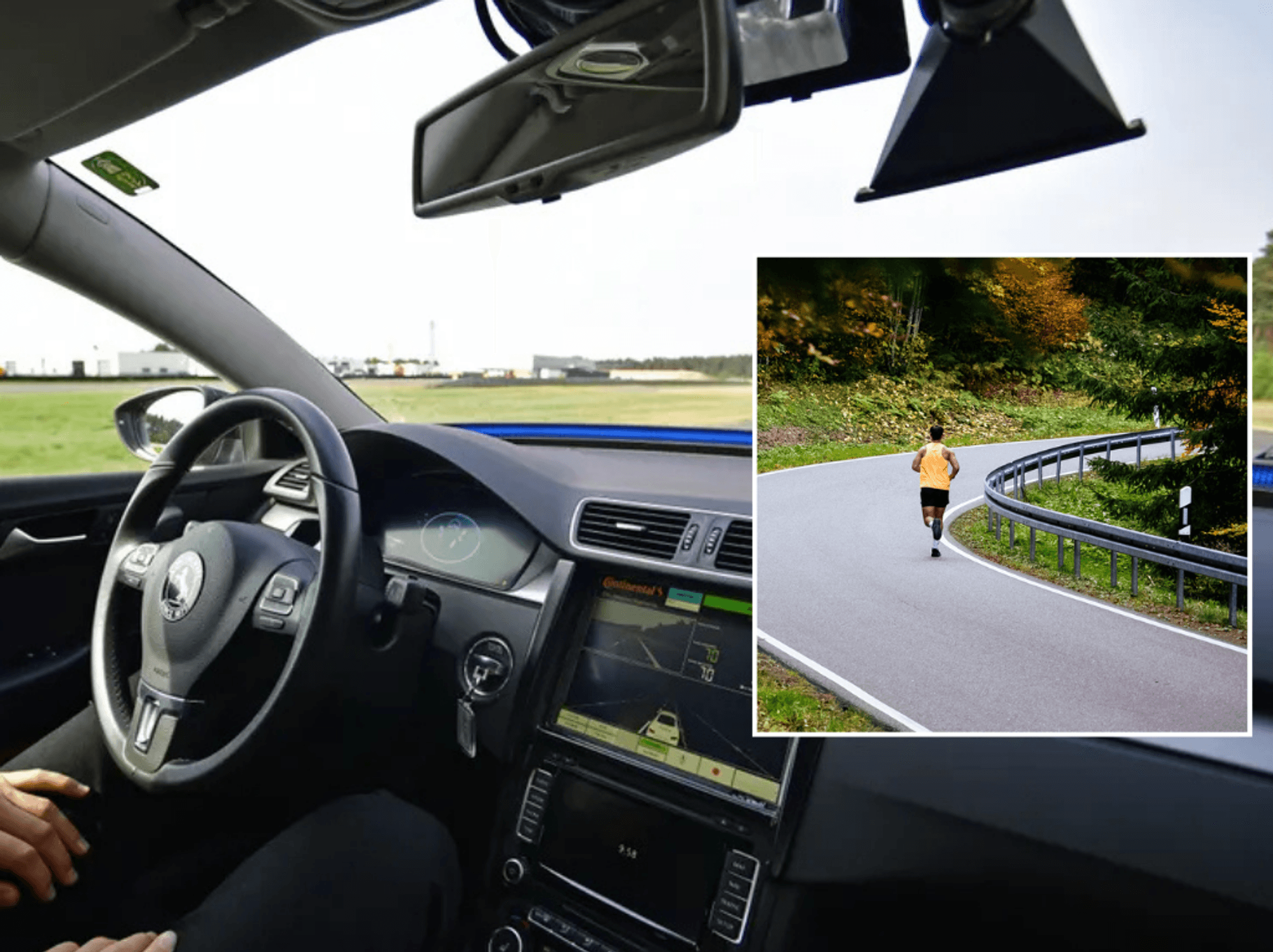 Self-driving car and runner on road