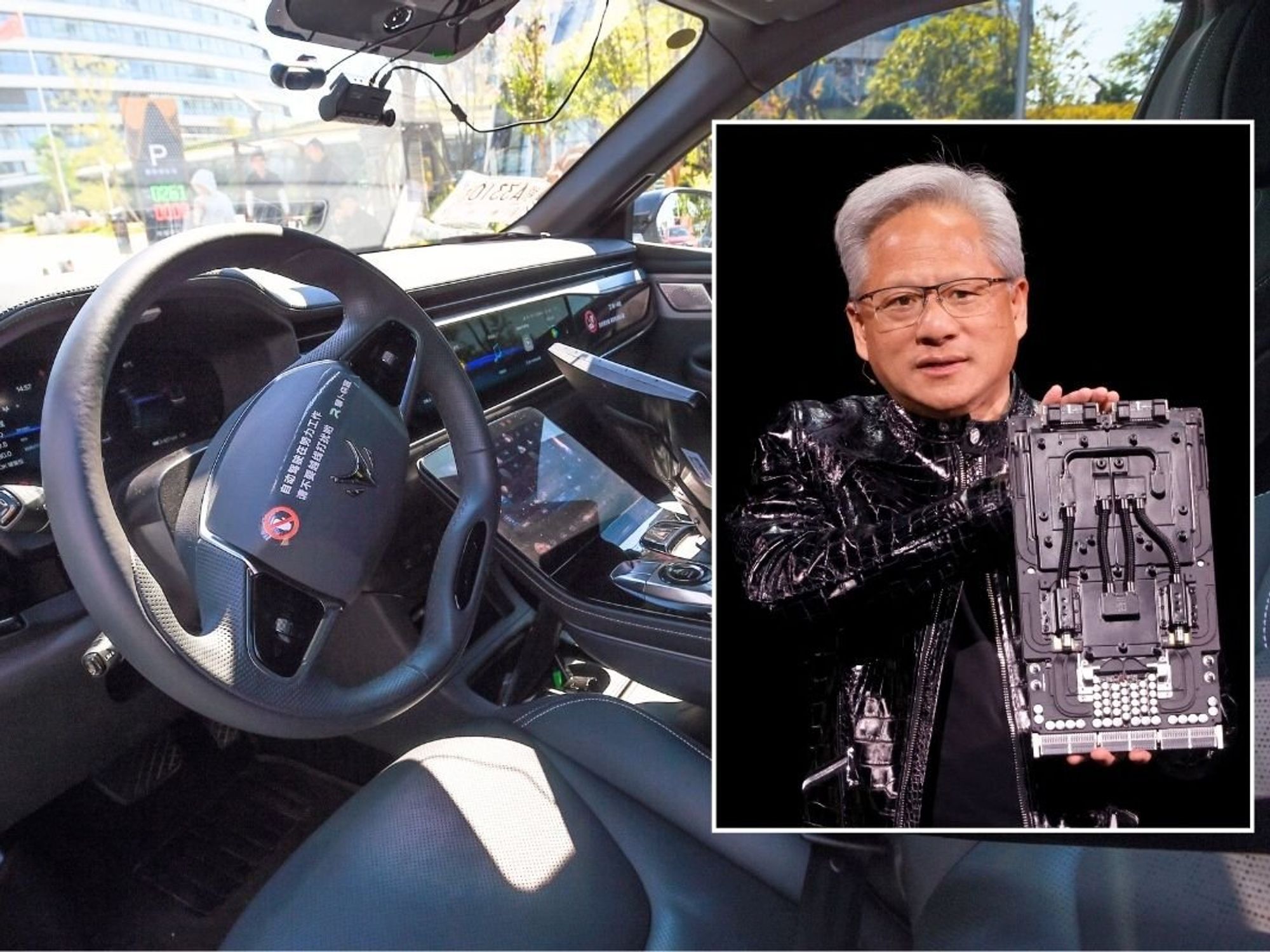 Self-driving vehicle and Nvidia CEO Jensen Huang