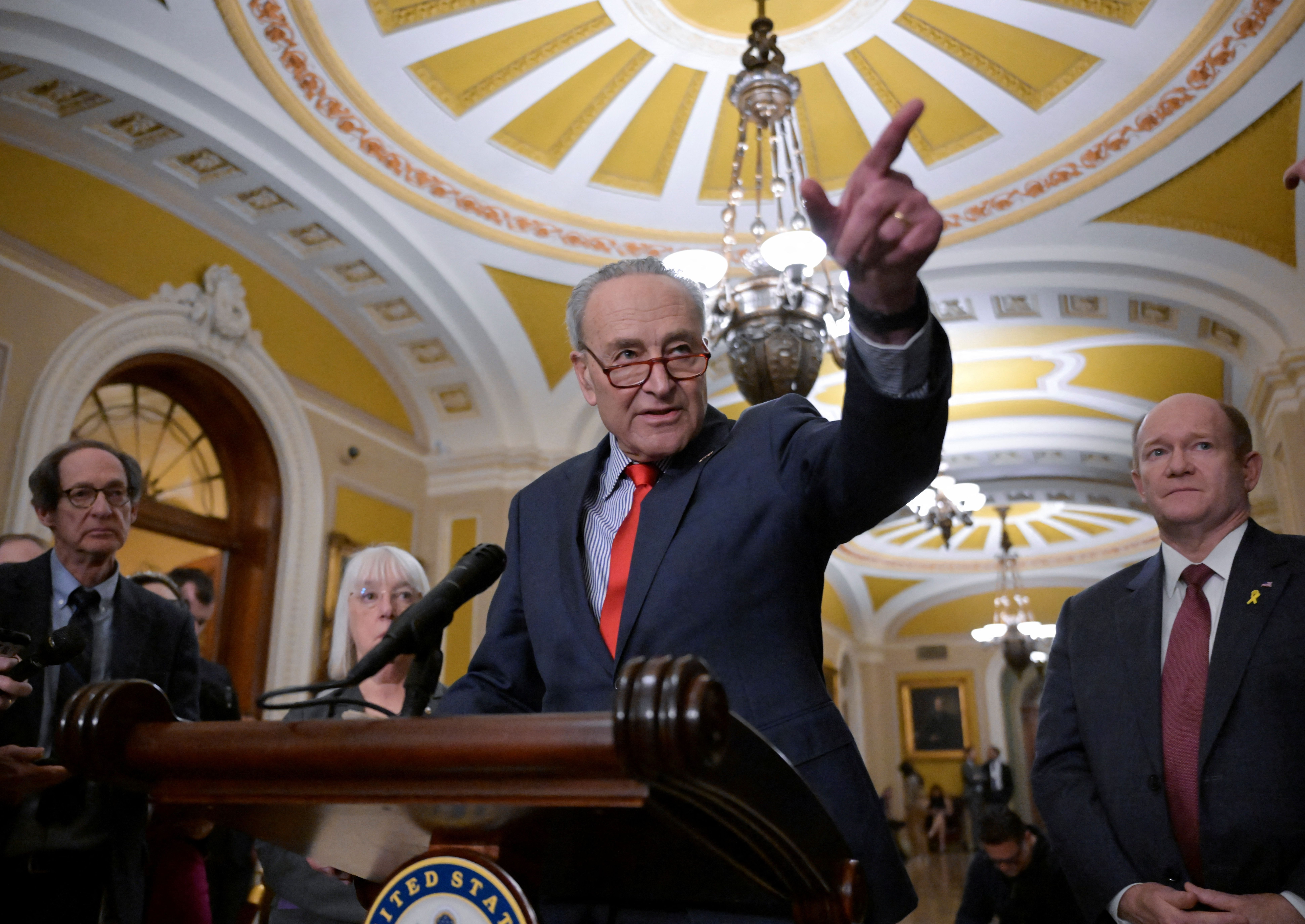 Senate Majority Leader Chuck Schumer pictured at a lecture in a recent press conference