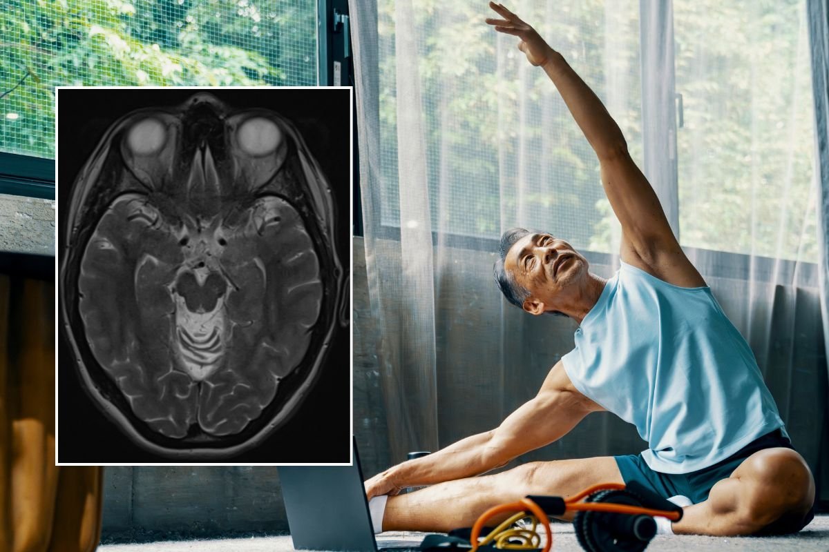 SENIOR MALE STRETCHING / BRAIN SCAN