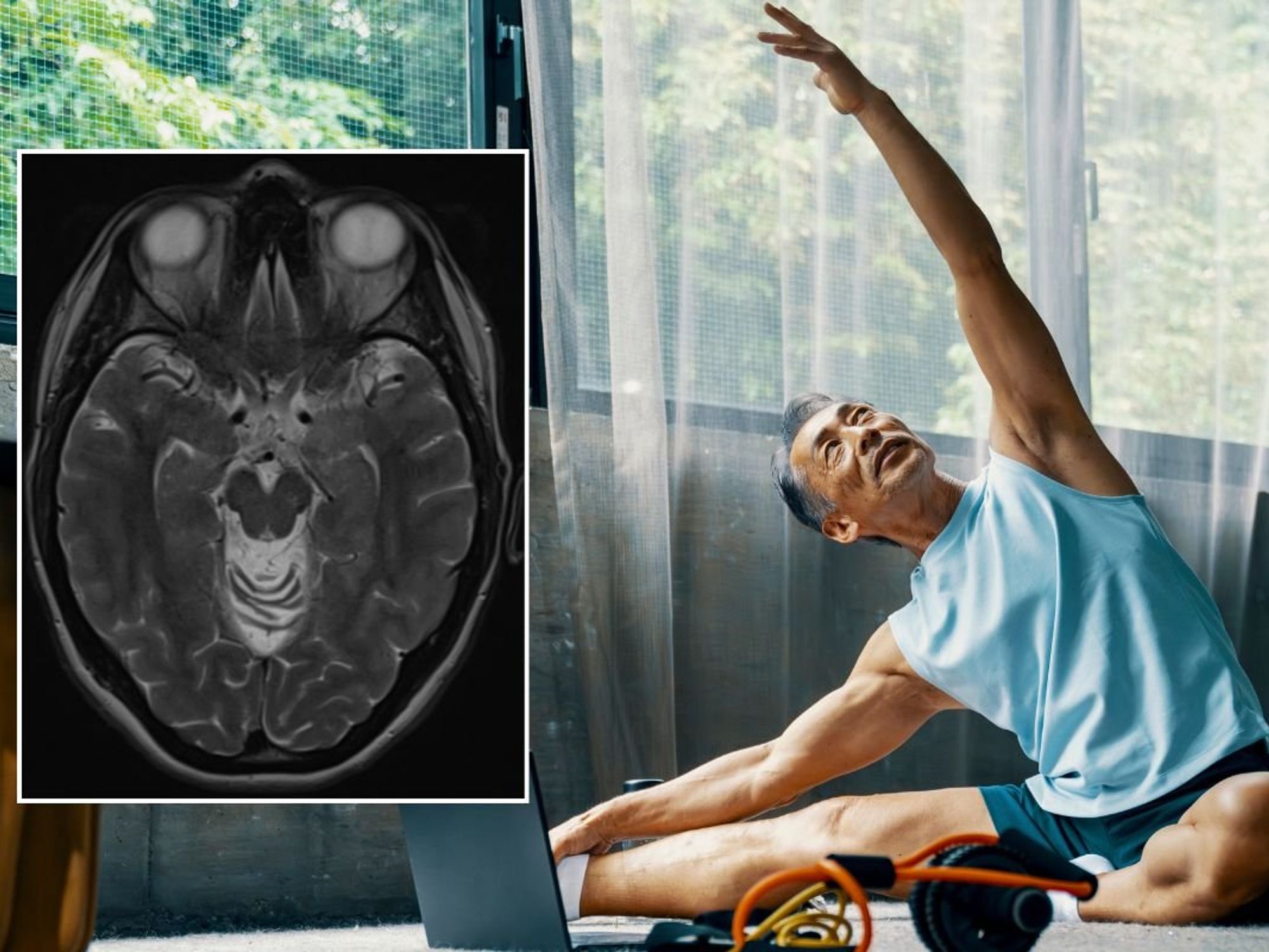 SENIOR MALE STRETCHING / BRAIN SCAN