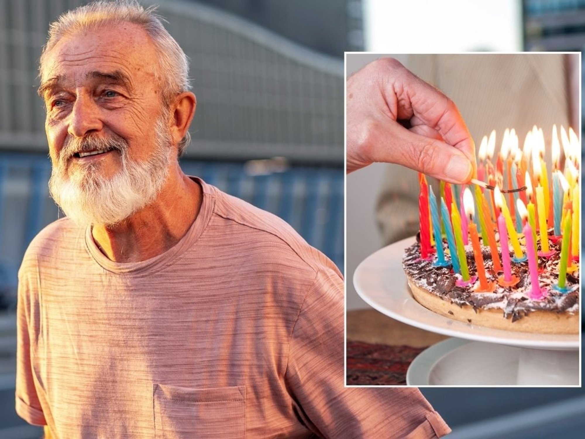 SENIOR MAN AND BIRTHDAY CAKE CANDLES