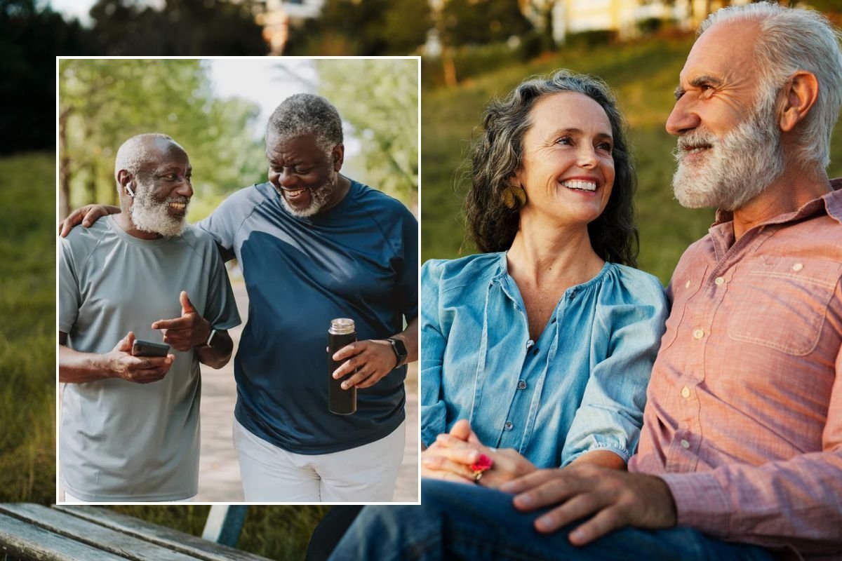 Senior men walking and talking / Senior couple sitting on bench