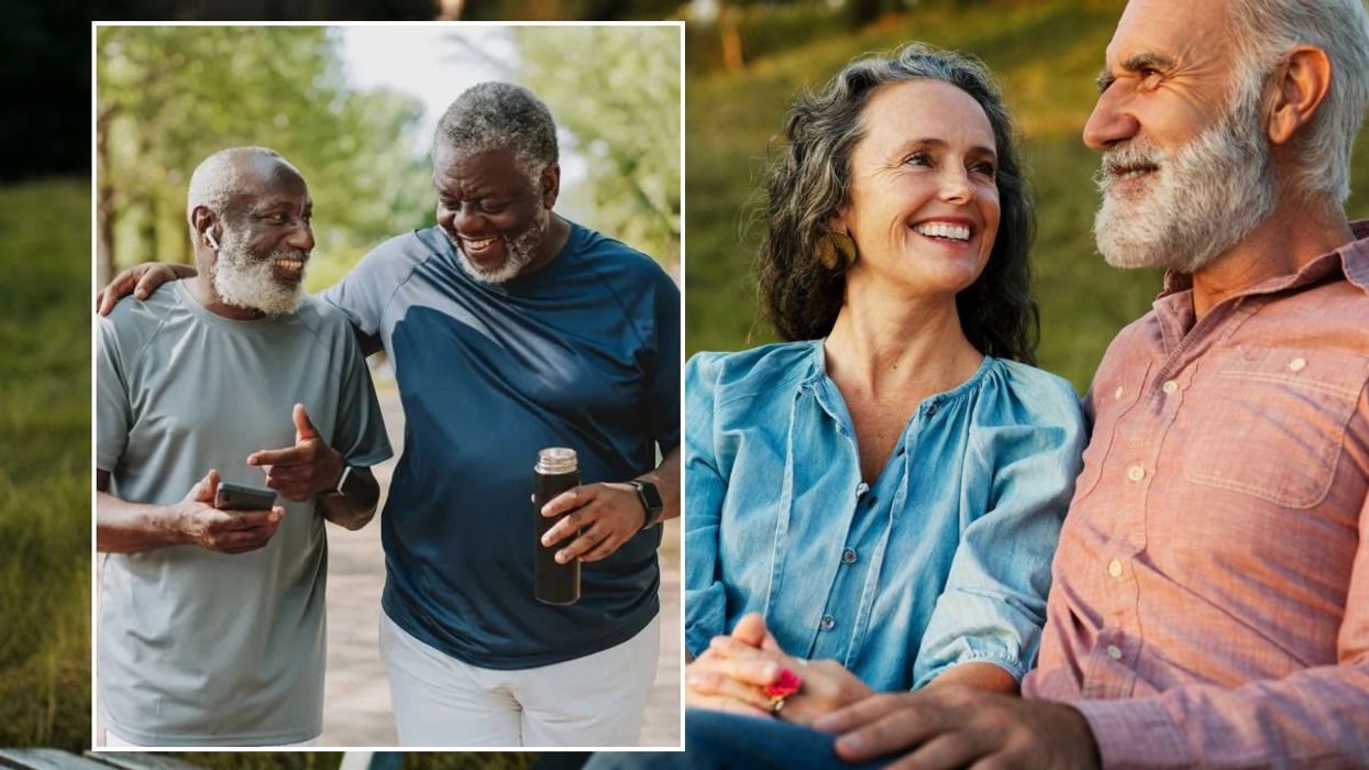 Senior men walking and talking / Senior couple sitting on bench