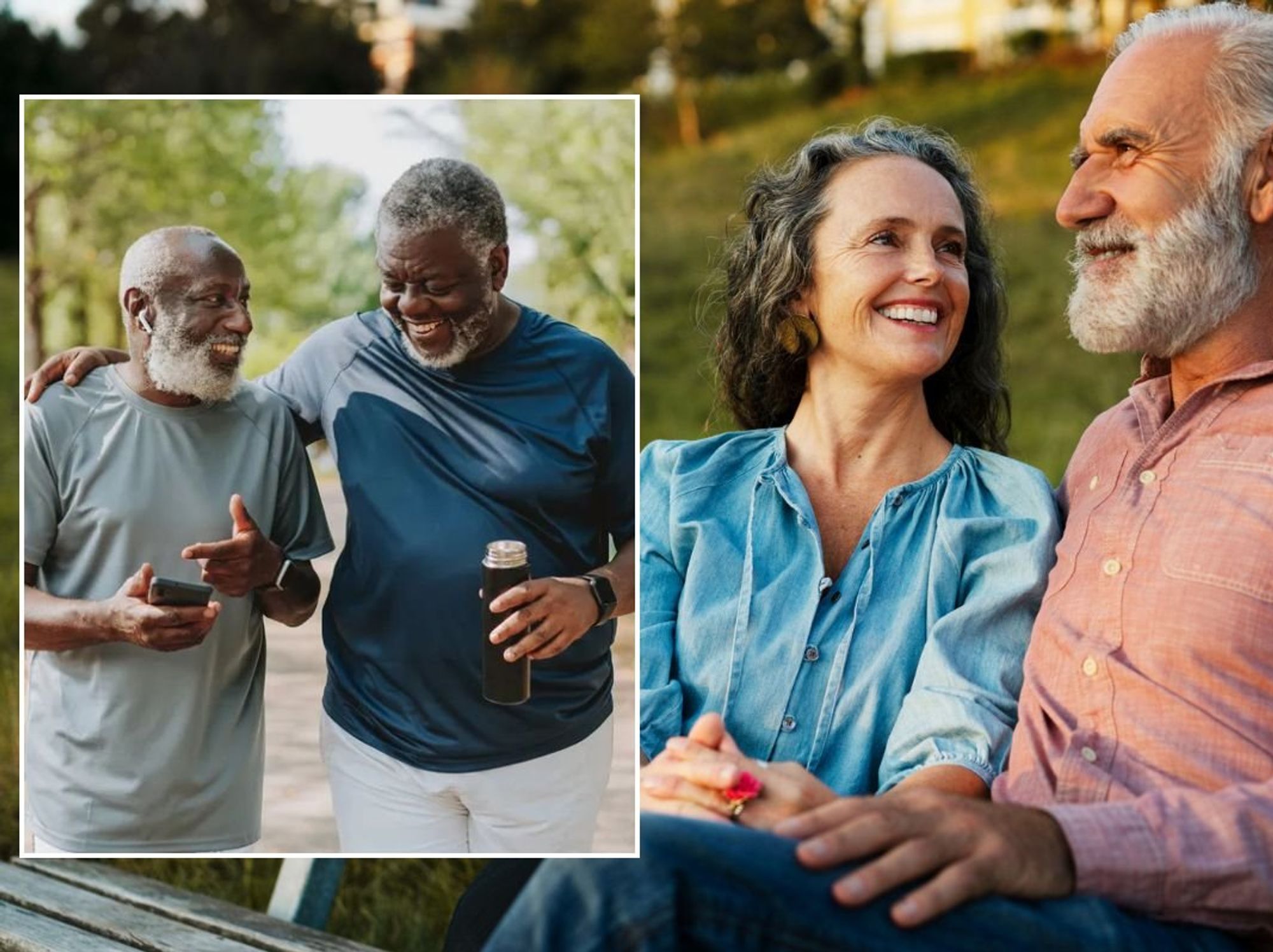 Senior men walking and talking / Senior couple sitting on bench