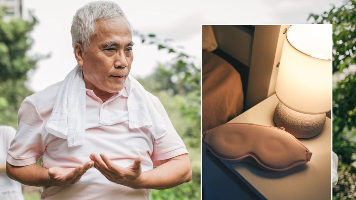 senior performing Tai Chi and eye mask