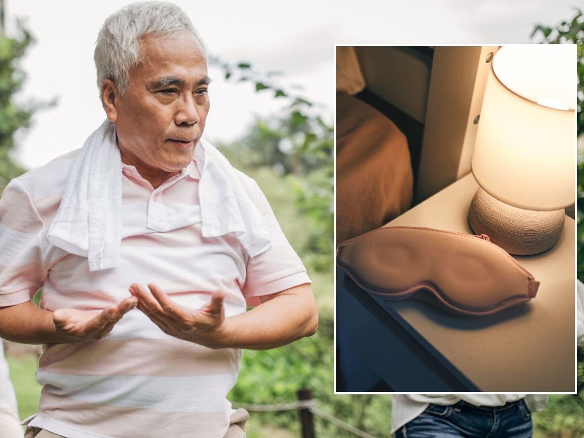 senior performing Tai Chi and eye mask