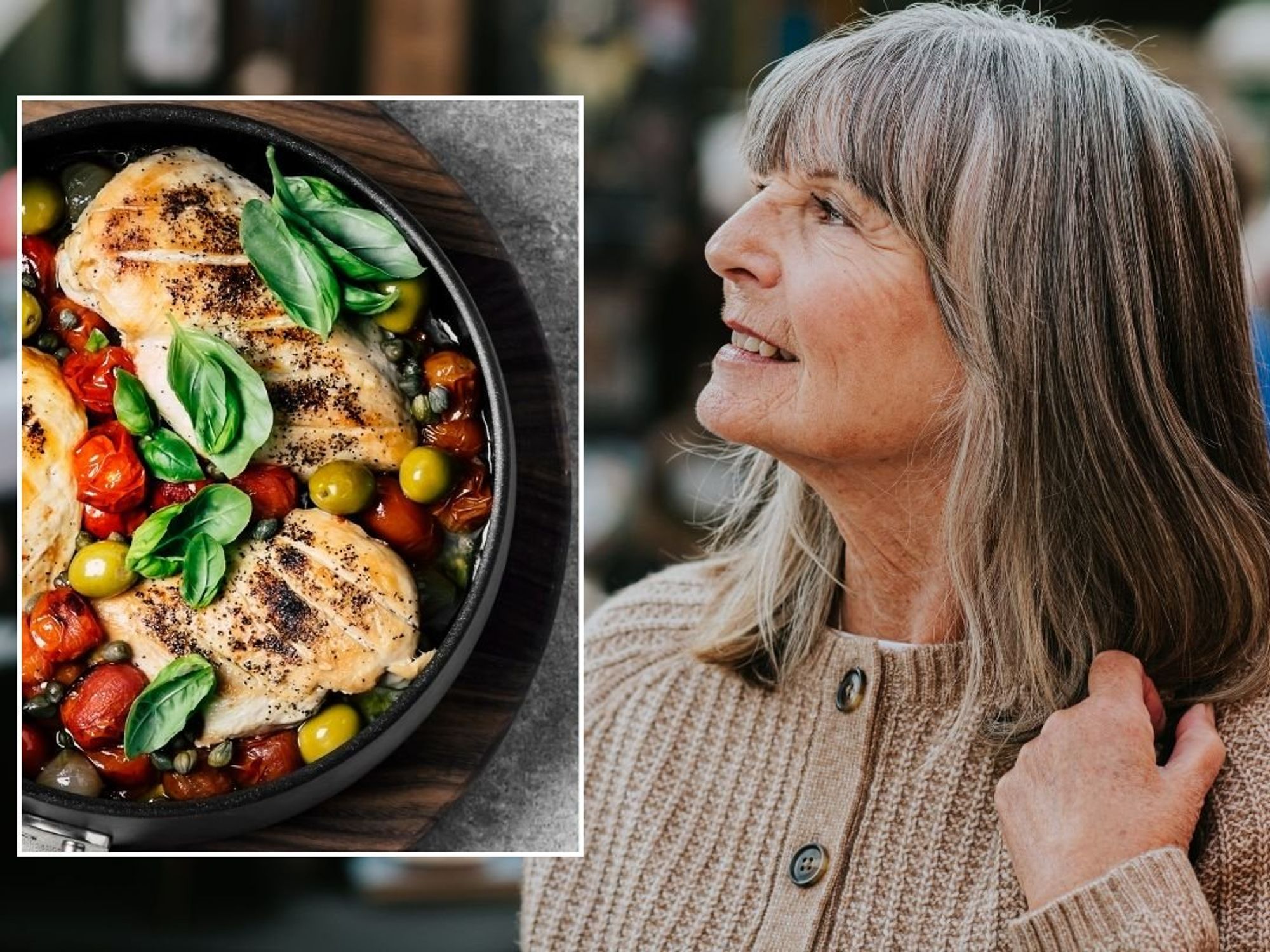 Senior woman and chicken dish
