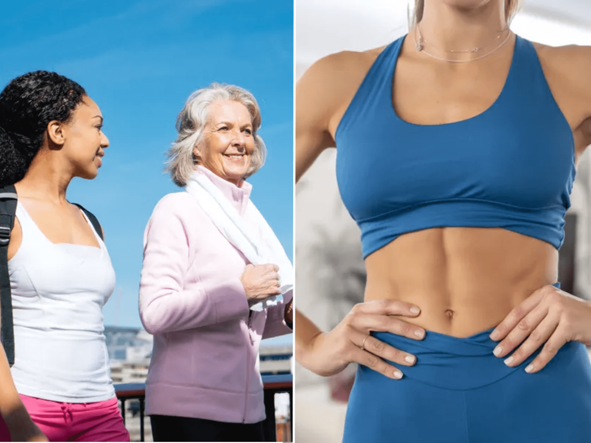 Senior woman and young woman walking together / woman in gym gear