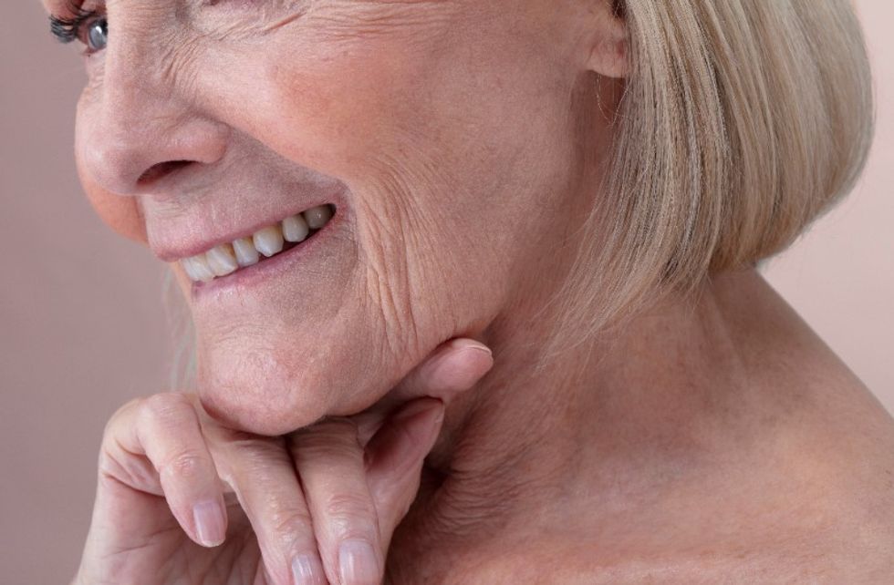 senior woman jowls stock image