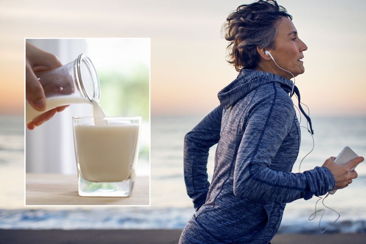 senior woman running and glass of kefir