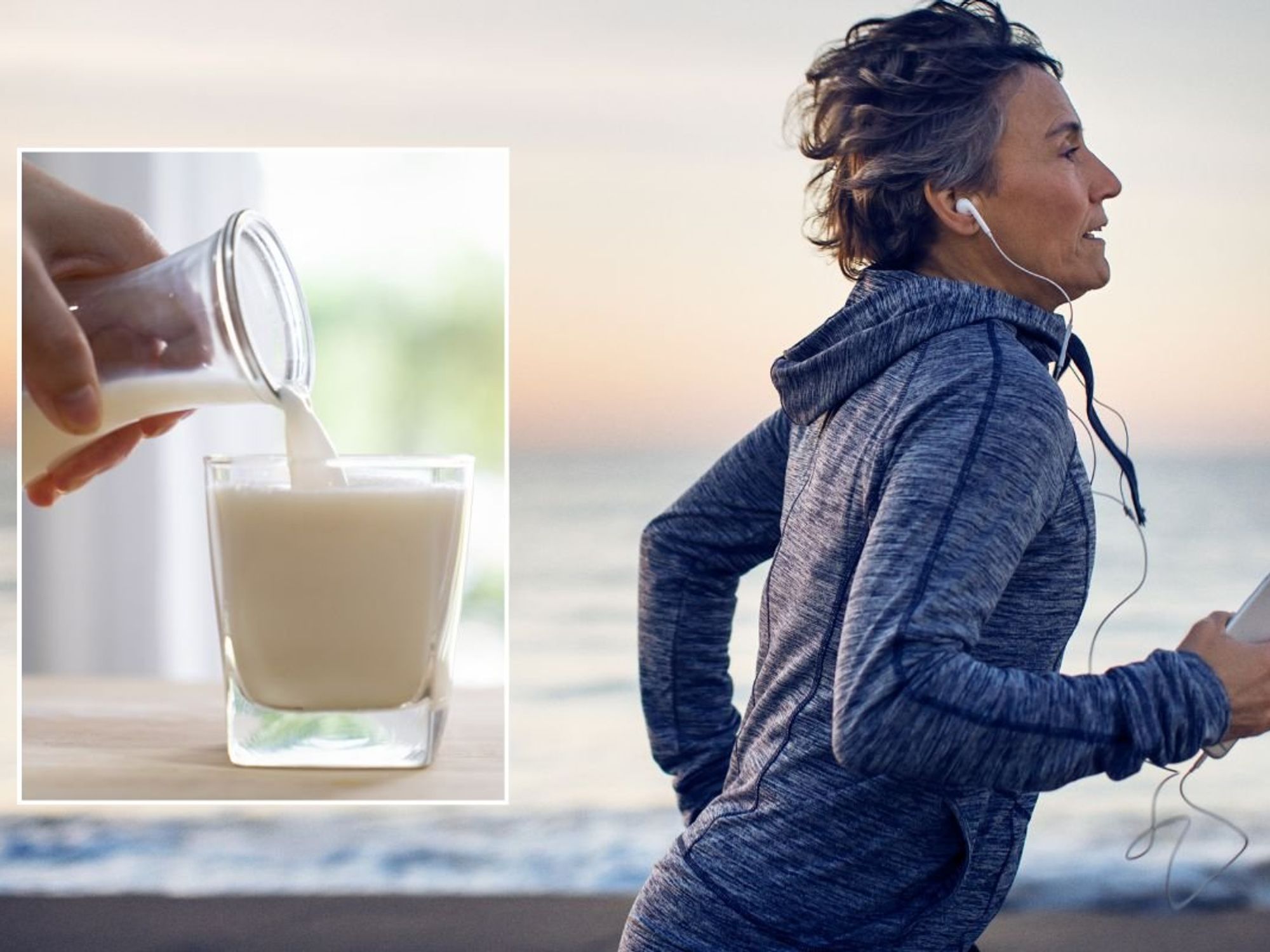 senior woman running and glass of kefir