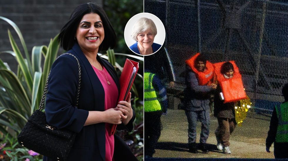 Shabana Mahmood (left), Ann Widdecombe (middle), boat crossing (right)