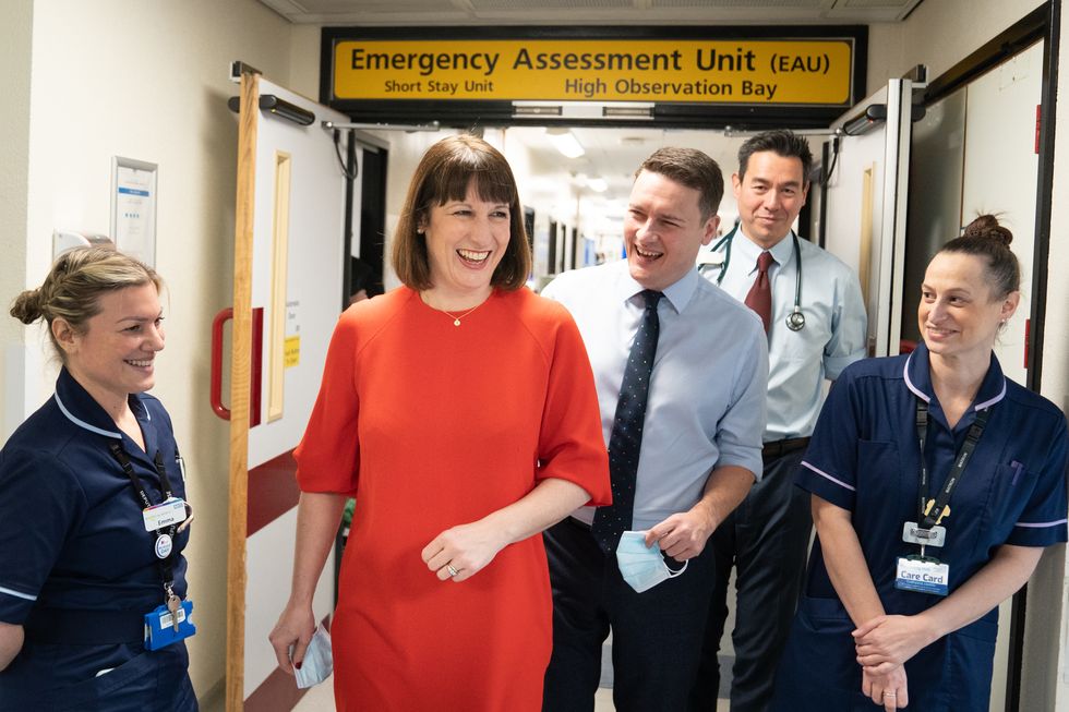 Shadow chancellor Rachel Reeves and shadow health secretary Wes Streeting meeting with senior staff, nurses, doctors and patients, during a visit to the Emergency Assessment Unit at Colchester Hospital in Essex. Picture date: Friday January 13, 2023.