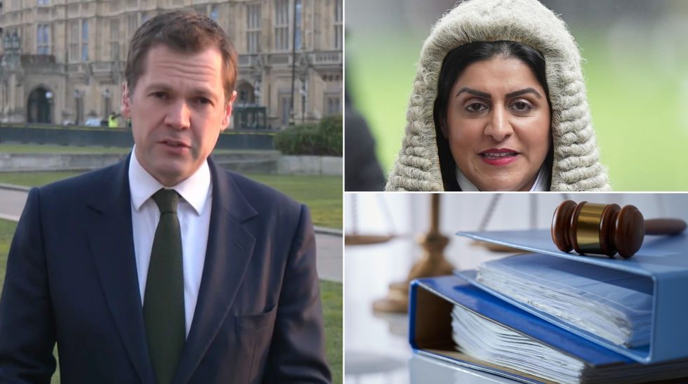 Shadow Justice Secretary Robert Jenrick (left), Justice Secretary Shabana Mahmood (top right), legal textbook (bottom right)