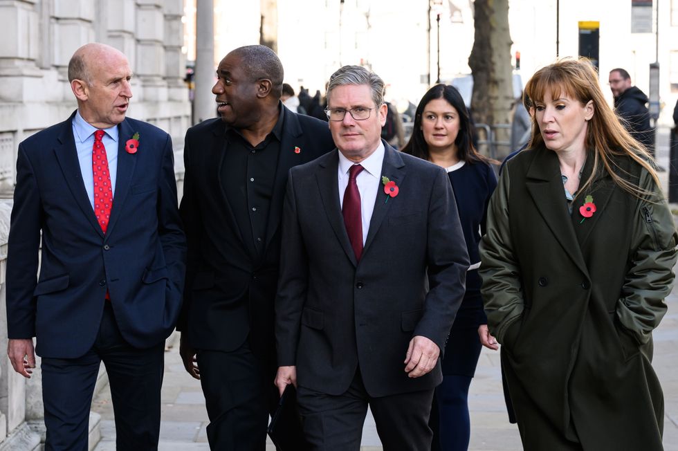 Shadow Secretary of State for Defence John Healey (L), Shadow Secretary of State for Foreign, Commonwealth and Development Affairs David Lammy (2L), Labour Party Leader Keir Starmer (C), Shadow Cabinet Minister for International Development Lisa Nandy (2R) and Deputy Leader, Shadow Deputy Prime Minister and Shadow Secretary of State for Levelling Up, Housing and Communities Angela Rayner (R) arrive ahead of a meeting in the Cabinet Office, to discuss the ongoing situation in Israel and Gaza