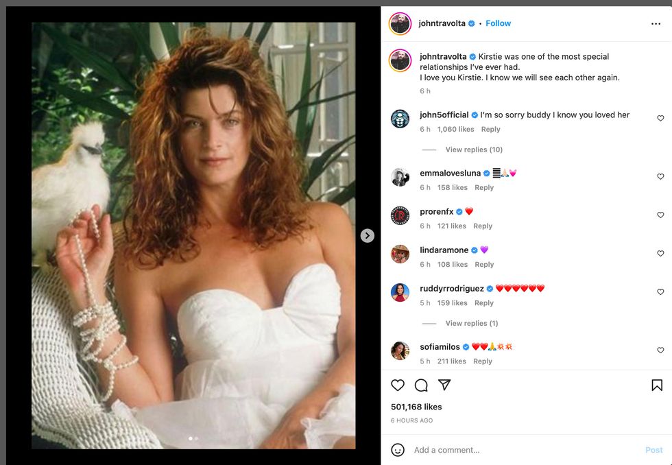 Sharing a picture on Instagram of them together, Travolta wrote: \u201cKirstie was one of the most special relationships I\u2019ve ever had%22.