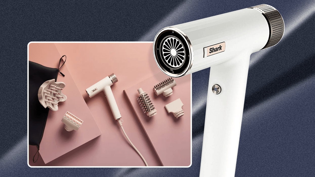 Shark SpeedStyle Ionic Hair Dryer pictured in the foreground with an insert picture with attachments and colourful background