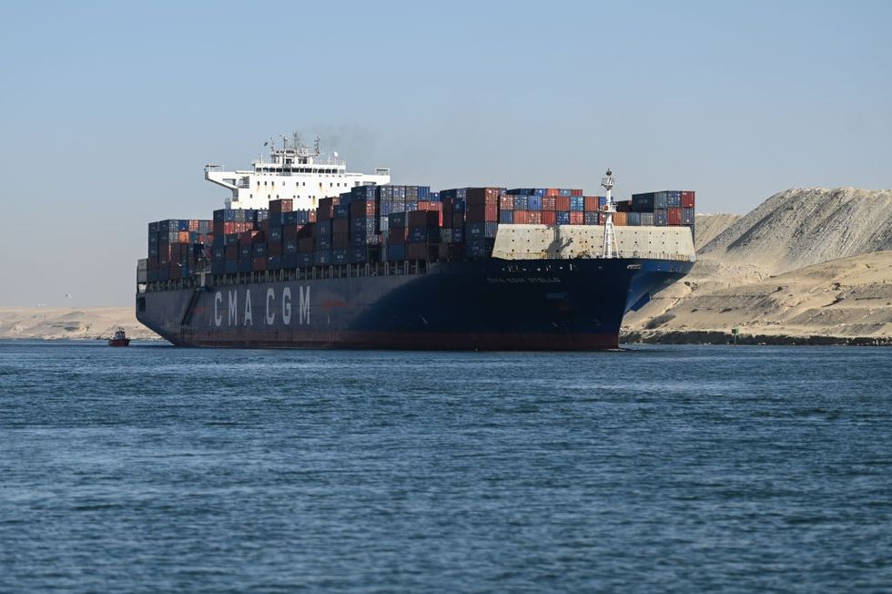 Ship on Suez Canal going in direction of the Red Sea