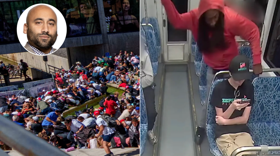 Shooting of Charlie Kirk (left), Iryna Zarutska, pictured wearing black, was fatally stabbed by Decarlos Brown Jr, wearing a red hoodie, while on a train in Charlotte (right)