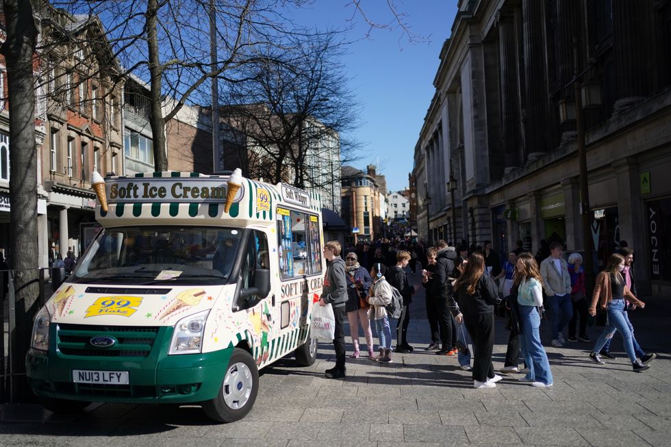 Shoppers in Nottingham city centre queue for an ice cream during good weather. Temperatures are set to soar to 15C to 18C across the UK , levels well above average for March. The highest temperatures will be reached in north-west Scotland, where the mercury could hit 20C in some sheltered glens. Picture date: Saturday March 19, 2022.