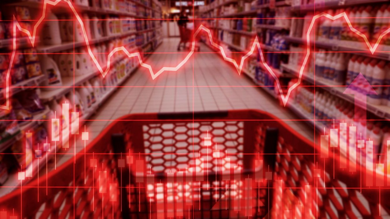 Shopping trolley in supermarket with graph overlay
