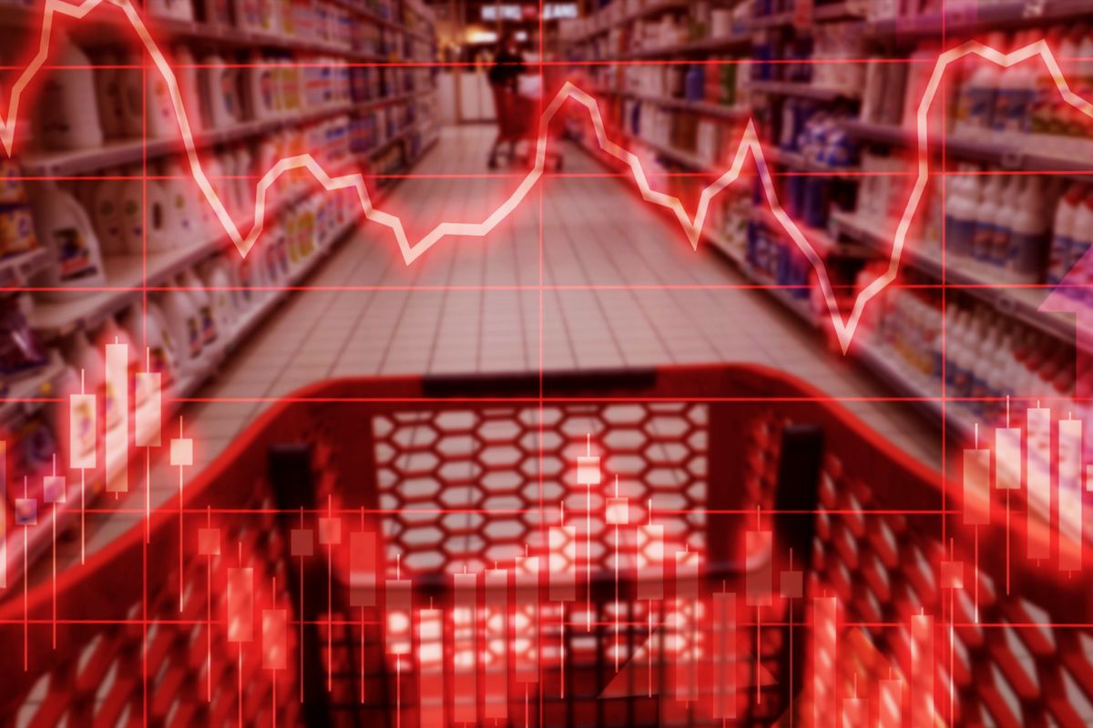 Shopping trolley in supermarket with graph overlay