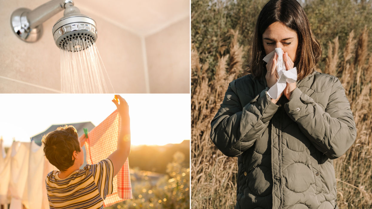 Shower; Hanging out washing; Woman blowing nose