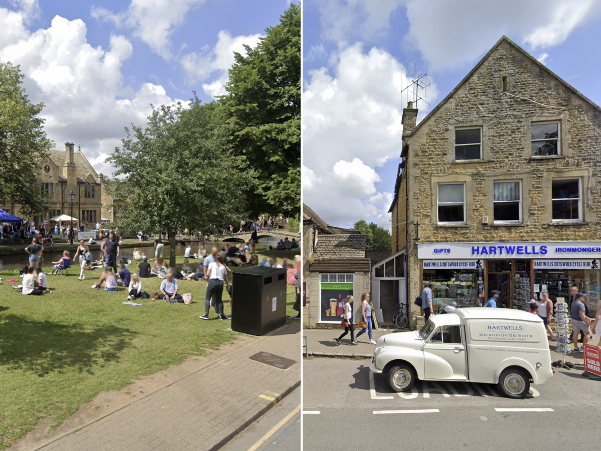 Side-by-side Google Street View images of Bourton from summer 2021