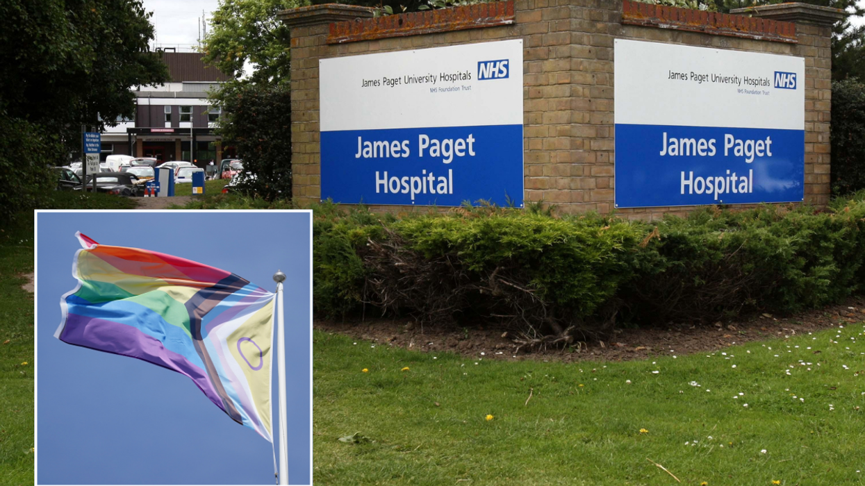 Sign outside James Paget Hospital in Norfolk. Inset image of the LGBT+ flag.