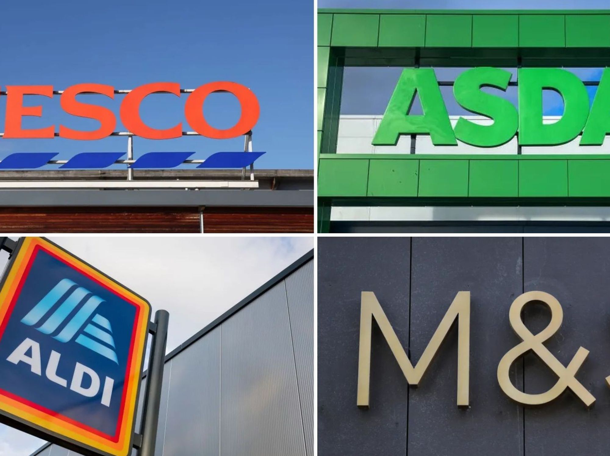 Signs of Tesco, Asda, Aldi and Marks and Spencer