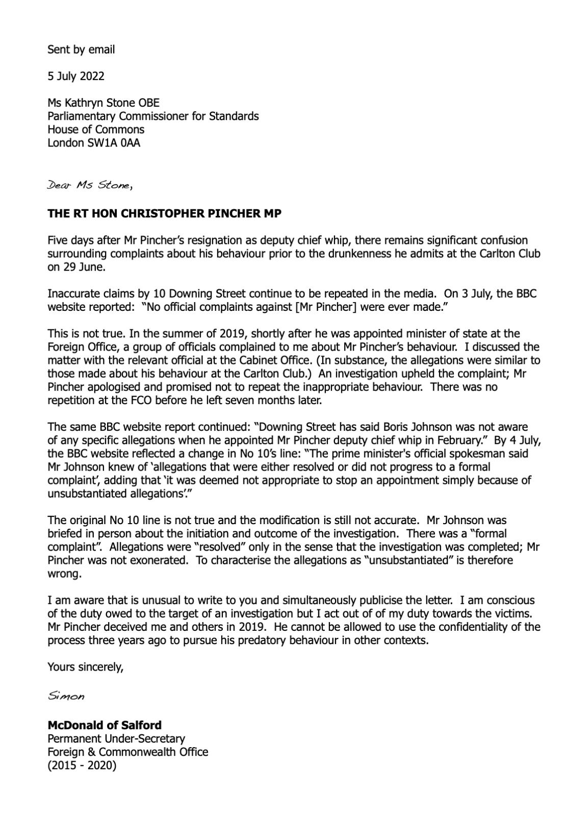 Simon McDonald's letter to Kathryn Stone