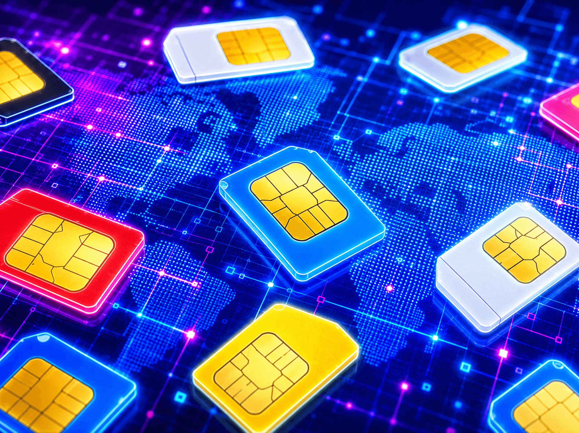 SIMs scattered across a digitised background