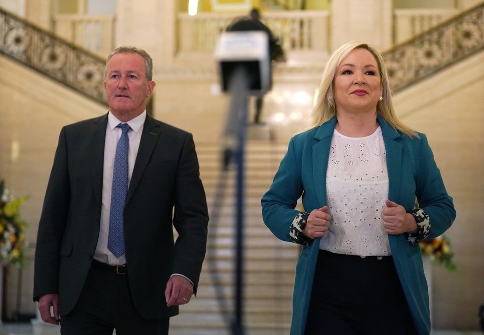 Sinn Fein Vice President Michelle O'Neill and party colleague Conor Murphy arrive to speak to the media in the great hall following their meeting with Congressman Richard Neal at Parliament Buildings, Stormont, Belfast.