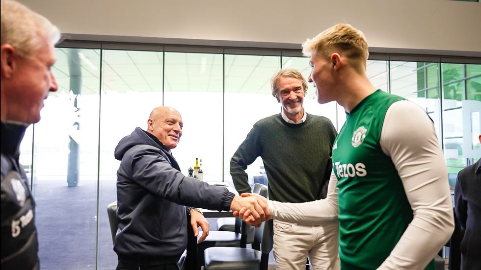 Sir Dave Brailsford, Sir Jim Ratcliffe and Rasmus Hojlund