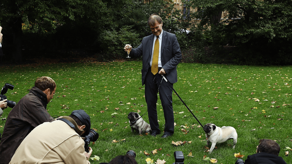 Sir David Amess com seus pugs na Westminster Dog Race