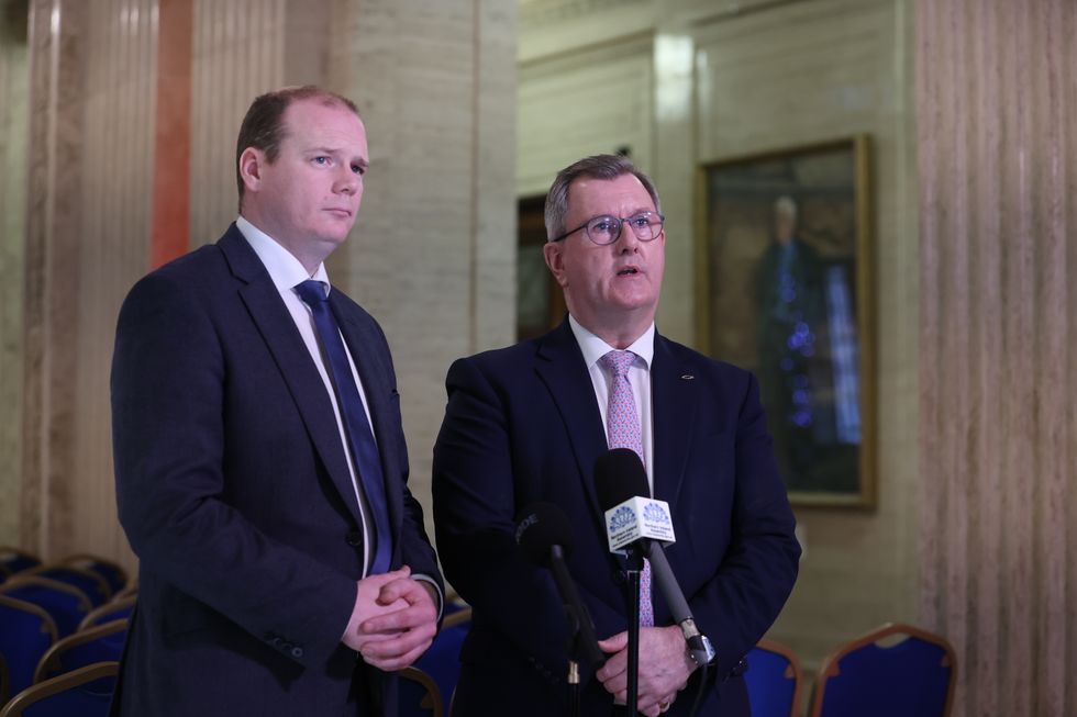 Sir Jeffrey Donaldson, leader of the DUP, with party colleague Gordon Lyons MLA, at the Great Hall, Parliament Buildings at Stormont, speaking about the appointment of Joe Kennedy III as US special envoy to Northern Ireland. Picture date: Monday December 19, 2022.