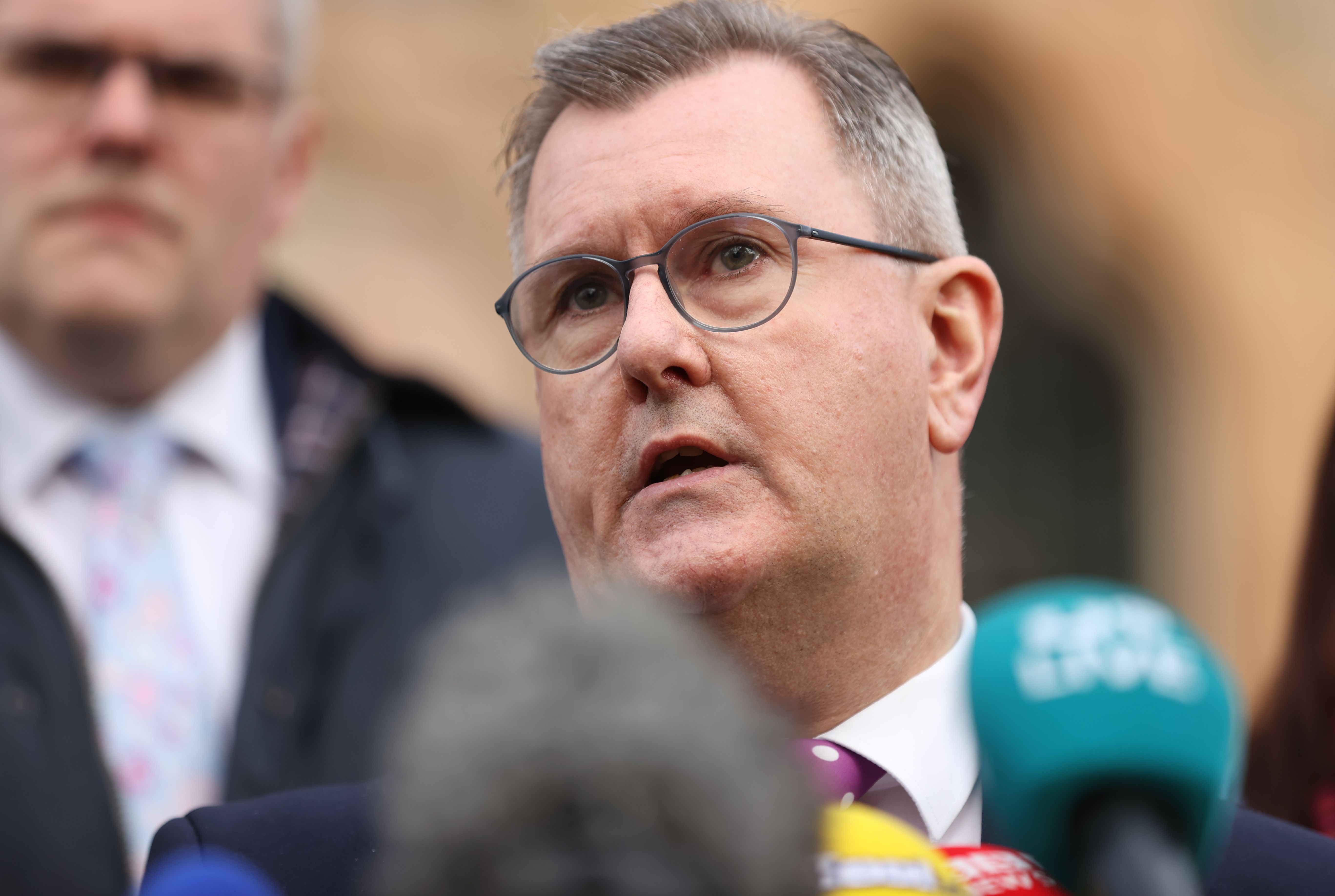 Sir Jeffrey Donaldson MP speaks to the media outside the Culloden Hotel in Belfast, after Prime Minister Rishi Sunak held talks with Stormont leaders over the Northern Ireland Protocol