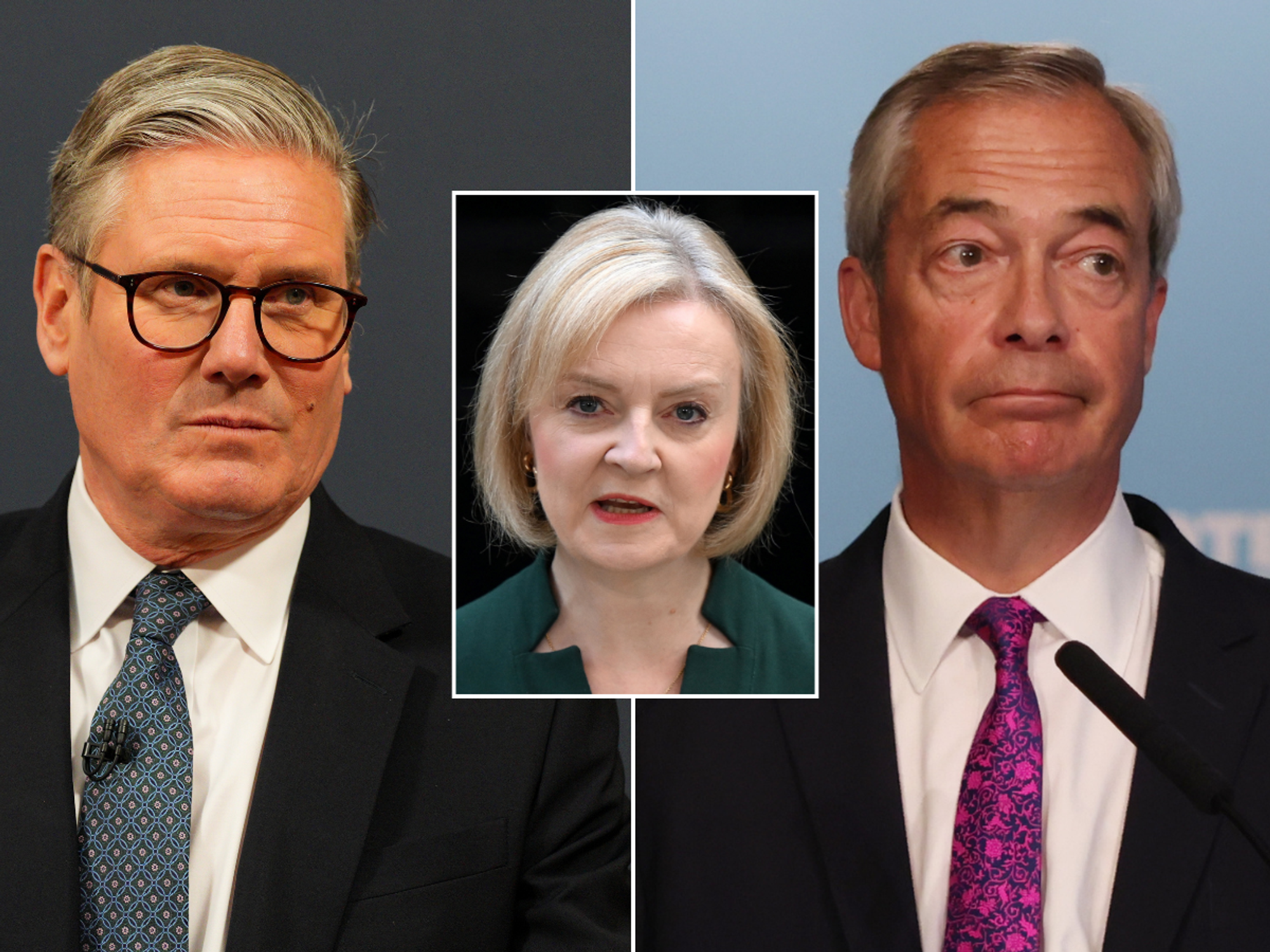Sir Keir Starmer, Nigel Farage and Liz Truss