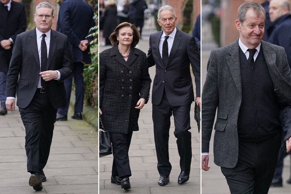 Sir Keir Starmer, Tony Blair and Alistair Campbell arriving for funeral of Derek Draper